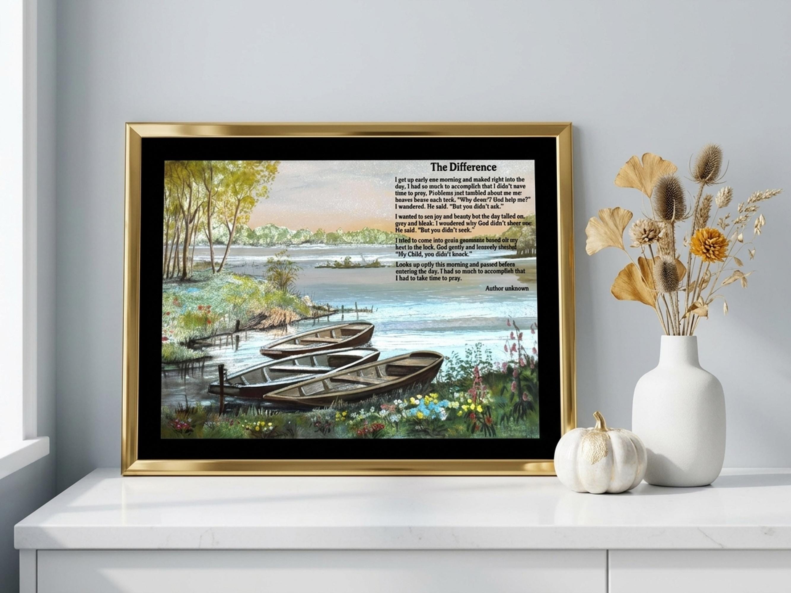 Foil Poem Art Lake Scene, Vintage Gold Frame, 1980s Decor