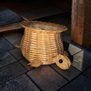 Vintage Wicker Rattan Turtle Basket Planter, 1970s Boho Tortoise Decor