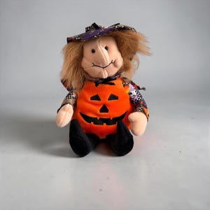 Vintage Halloween Witch Plush Doll with Pumpkin Costume and Patchwork Hat