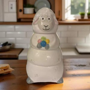 Ceramic Sheep Cookie Jar with Yarn Balls  Farmhouse Cottage Kitchen Decor