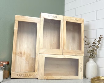 Bamboo Bag Organizer Ziplock Bag Holder 4-Piece Bamboo Storage Set, Space Saving Drawer Baggie Storage Box, Rustic Kitchen Decor