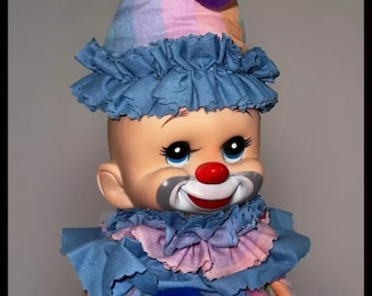 1980s Pastel Pierrot Clown Doll, Rainbow Pom Poms (Plush & Wood, 20")
