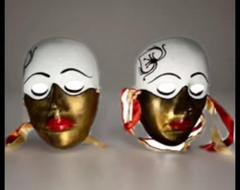 Vintage Gold & White Venetian-Style Wall Masks  Hand Painted  Gallery Decor (Pair)