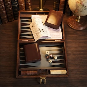Vintage Backgammon Travel Set with Brown and Cream Game Pieces in a Leather Case