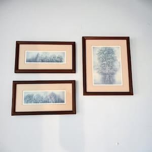 May include: Three framed wall art pieces with dark brown wooden frames and light beige matting. Two horizontal rectangular frames display blue-toned forest landscapes, while one vertical rectangular frame shows a single large tree.