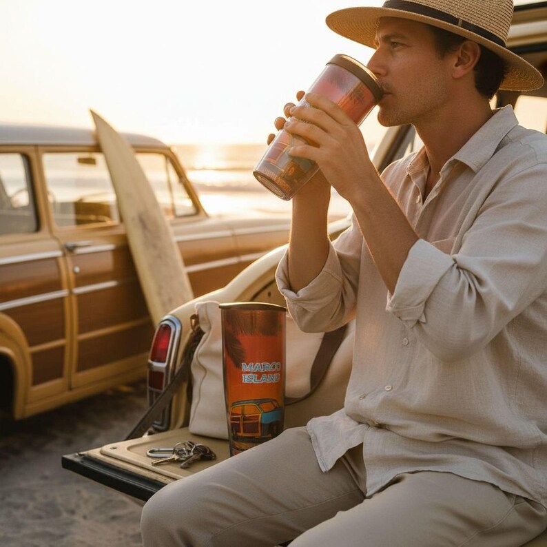 A man in a hat sits on a bench, sipping from a large cup, with a surfboard leaning against a car in the background.