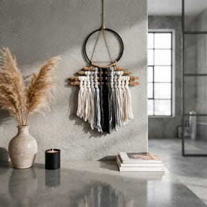 Macramé Wall Hanging, Black Gray White Gradient, Jute Accents, 11.5 x 20 in