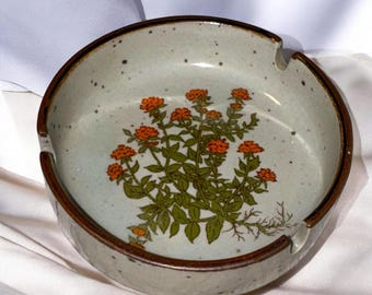 Vintage Ashtray, Speckled Glaze Stoneware, Orange Floral Decor, Mid Century Retro Home Accent, Boho Tabletop Gift for Collector