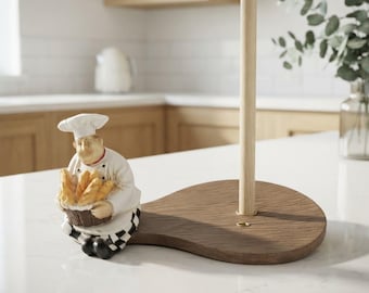 Paper Towel Holder, Vintage French Bistro Chef with Solid Wood Base