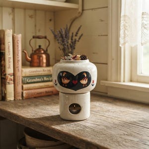 May include: A cream-coloured ceramic oil warmer with a speckled finish, featuring a dark heart-shaped graphic containing two geese wearing red scarves and a small red heart. The warmer has a cylindrical base with a circular opening for a tea light.