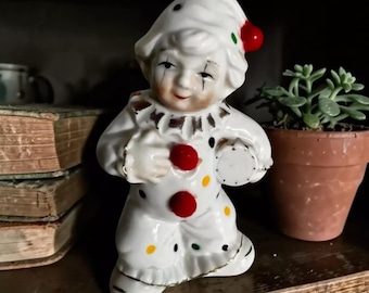 Vintage Pierrot Clown Figurine - Hand-Painted Porcelain, Polka Dot