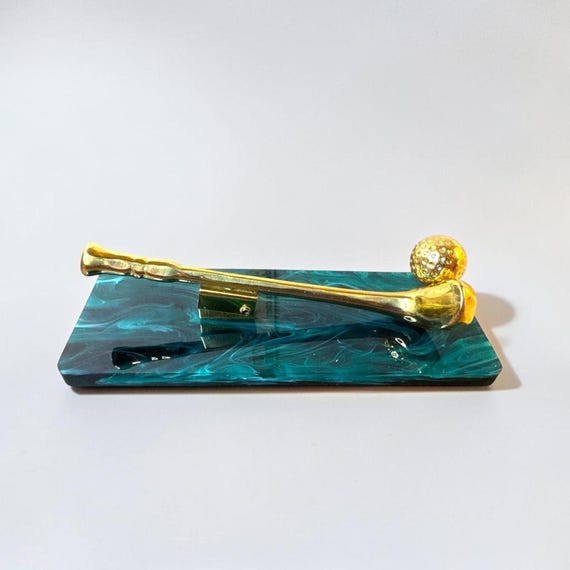 Golf Desk Accessory, Brass Club, Dimpled Ball, Marbled Green Resin, Mid-Century Modern