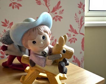 Vintage Homco Cowboy Boy Figurine: Rocking Horse Nursery Decor