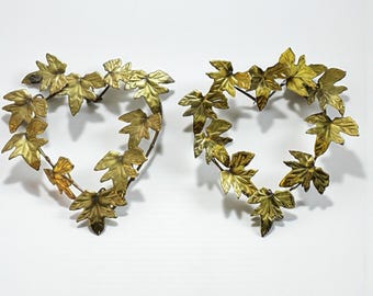 Vintage Brass Heart Wreath Wall Decor Set of 2 Pressed Leaf Solid Brass Hanging Pair Romantic Cottagecore Grandmillennial 80s 90s