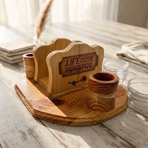 Wood Table Caddy, Oval Pine with Sunflower Plaque and Three Cups