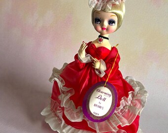Vintage Brinn’s Charming Doll Big Eye Bradley Style Pose Doll Made in Korea Red Satin Gown Blonde Original Tags 1980s 1990s Collectible