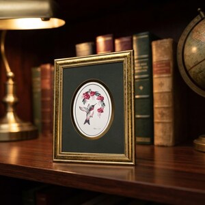 Feathered Friends Vintage Ruby-Throated Hummingbird Print, Kathy Seek Signed, Gold Oval Frame