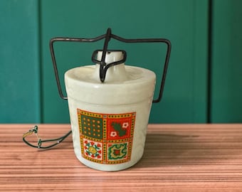 Vintage 1970s Plastic Cheese Crock Canister Wire Bail Lid Retro Tile Decal Orange Avocado Green Boho Kitchen Decor