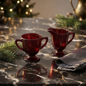 Creamer Set, Ruby Red Glass Sugar Bowl Duo, 1970s Vintage Glassware