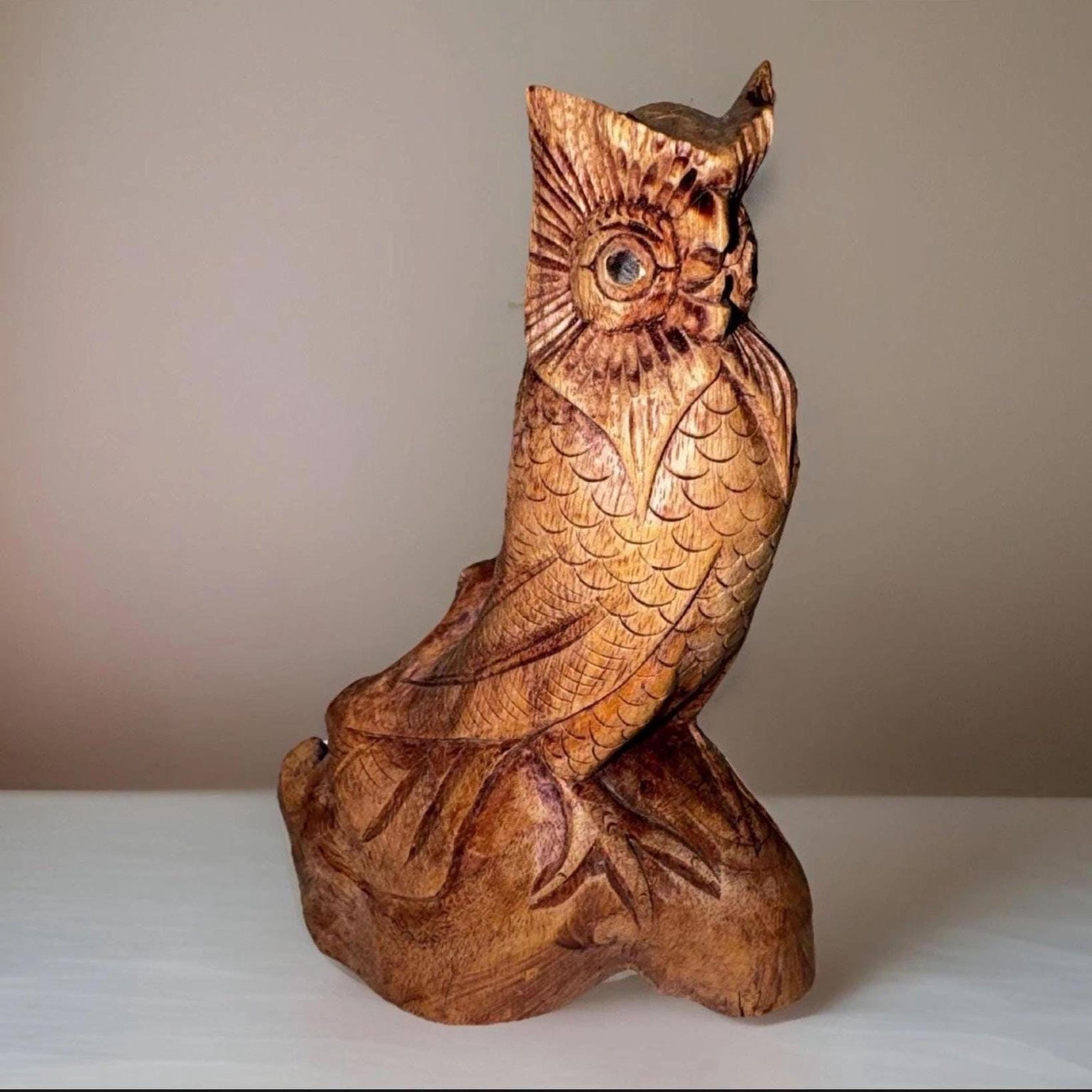 Hand-Carved Wooden Owl Figurine - Vintage Rustic Decor