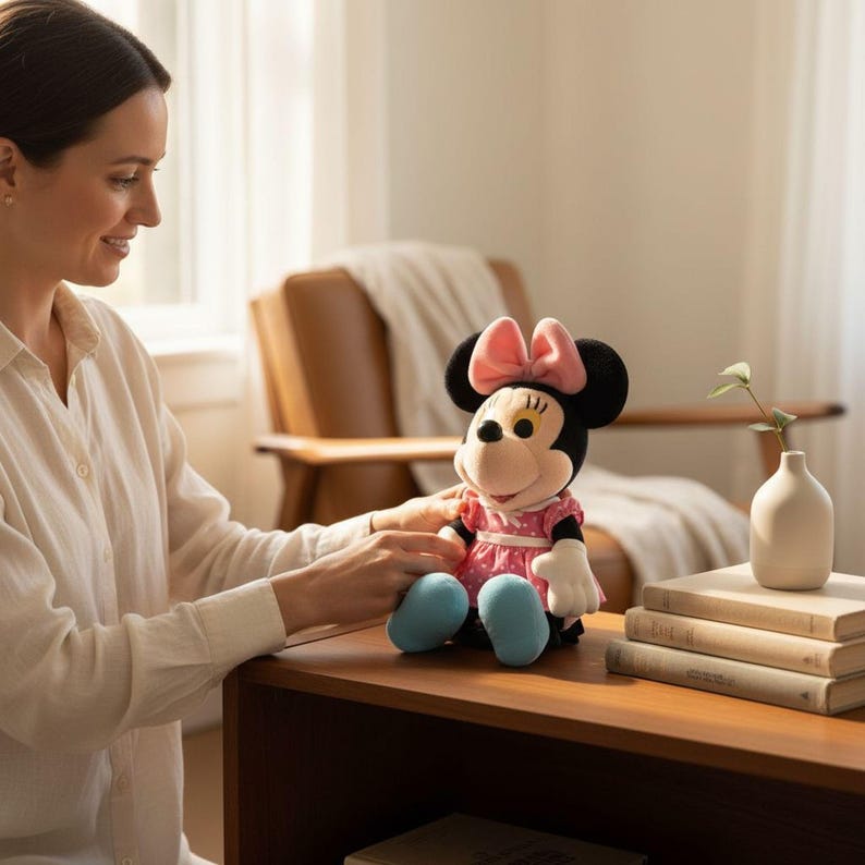 A woman is sitting at a table, holding a Minnie Mouse plush toy.