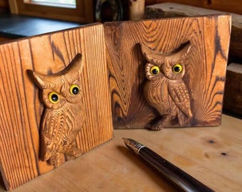 Mid-Century Rustic Carved Owls with Googly Eyes | Vintage Wooden Owl Bookends