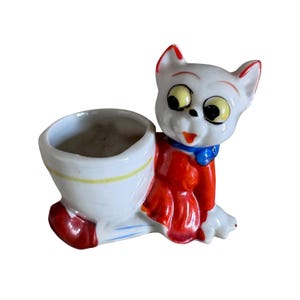 ヴィンテージ 日本製 猫用プランター | 1950年代 手描き陶器製置物 | ミッドセンチュリー キッチュ コレクターズアイテム