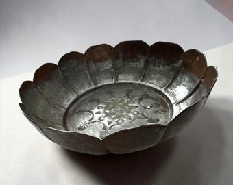 Vintage Made in Egypt Tinned Copper Bowl 8” Scalloped Rim, Hand Engraved Geometric Metalware Decor, Egyptian Collectible