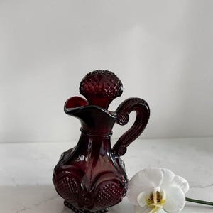 Vintage Ruby Red Glass Cruet Decanter: Avon Cape Cod Style Coin Dot Oil Bottle