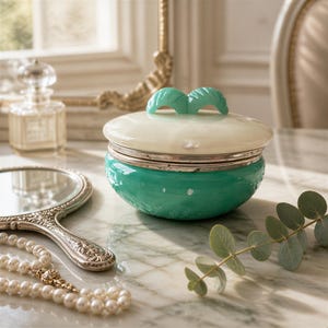 May include: A round lidded glass jar featuring a vibrant turquoise base and a smooth cream-colored lid. The lid is topped with a decorative turquoise handle shaped like two leaves. A silver-toned metal band connects the lid to the glass bowl.
