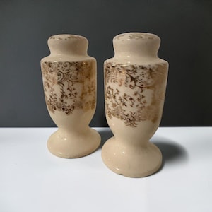 Ceramic Salt Shakers, Vintage Brown Floral Transferware Pair, 1950s Tableware