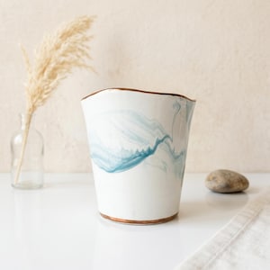 Blue Marble Porcelain Planter, Square Round Vase, Gold Trim Accent, Mini Orchid Pot