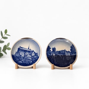 Royal Copenhagen Miniature Plates, Blue Transferware Architecture, Herlufsholm Denmark Pair