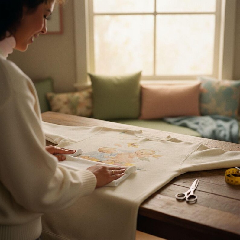 A woman is carefully ironing a white shirt with a floral design on it, using a pair of scissors to trim the edges.