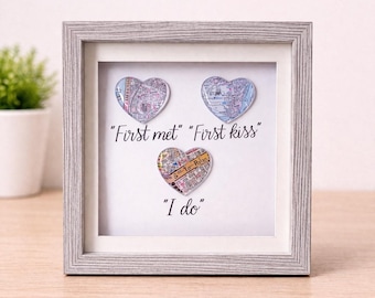 Personalised Heart Map Frame | First Met First Kiss I Do Gift, Wedding Gift, Anniversary Gift, Couples Map Print