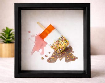 Schmelzende Fab Lolly Wand Kunst | Retro Eis Rahmen | Tropfeneffekt 3D Kunst | 20x20 Kastenrahmen Schwarz oder Weiß | Einzigartig Süß Dekor