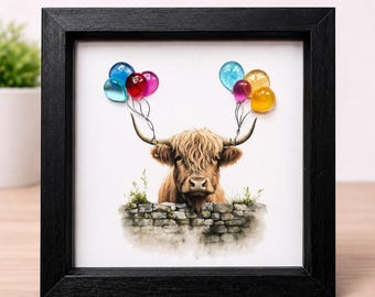 Decorazione murale con palloncini a forma di mucca delle Highlands, cornice 3D con palloncini, immagine di mucca carina, decorazione per la cameretta, regalo fatto a mano