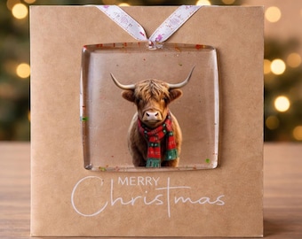 Highland Cow Christmas Card with Ornament | Farm Animal Christmas Card | Cow Lover Gift | Christmas Decoration Card | Handmade UK |