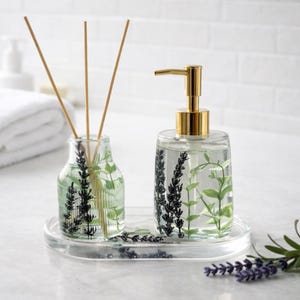Lavender and eucalyptus resin soap dispenser, vase and tray set