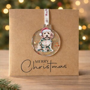 Può includere: Un ornamento natalizio trasparente con un cane con un cappello da Babbo Natale e luci a catena, appeso a un nastro. L'ornamento è attaccato a una carta marrone con "Merry Christmas" scritto in corsivo nero.