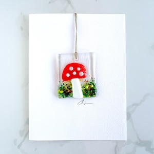 Mushroom Fused Glass Notecard, Handmade Mushroom Fused Glass Suncatcher Card – PNW Inspired Window Art
