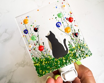 Fused Glass Cat Night Light: Millefiori Flower Art