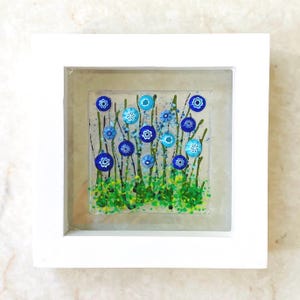 Floating Flowers Blue Flowers Glass Art, White Framed Floral Art, Cornflower Art, Contemporary Glass, Fused Glass Flowers