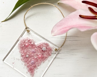 Pink Heart Glass Suncatcher, Heart Ornament, Heart Glass Art