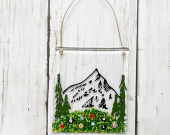 Mountain Fused Glass Suncatcher, Glass Mountain Ornament, Mount Hood Glass Art, Spring Meadow