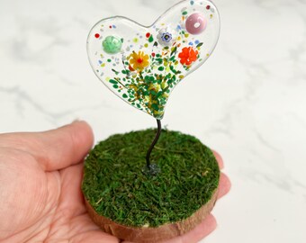 Flowers and Hearts Art, Mini Floral Glass Decor, Love Grows Here, Wildflower Heart