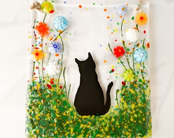 Fused Glass Cat Suncatcher: Millefiori Floral Ornament, Pet Memorial