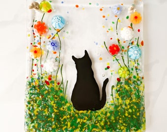 Cat Glass Suncatcher, Pet Memorial Gift, Floral Glass Ornament, Fused Glass Flowers, Pet Portait