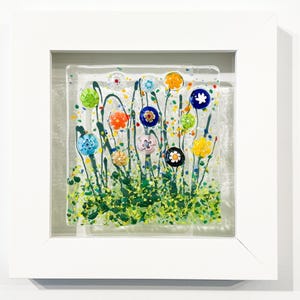 Floating Flowers Wildflower Glass Art, White Framed Floral Art, Happy Flowers Art, Contemporary Glass, Fused Glass Flowers