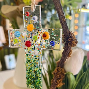 Floral Glass Cross Suncatcher: Fused Glass Ornament
